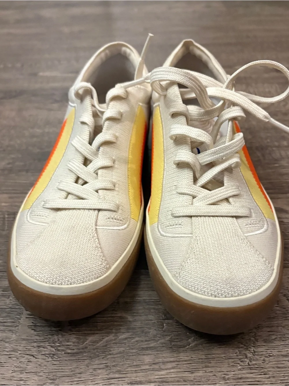 Rothy's Cream Canvas Sneakers with Yellow and Orange Stripe Sz 7